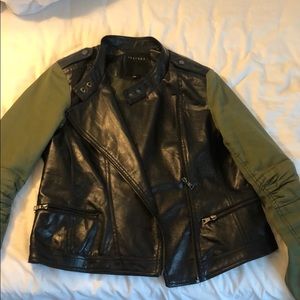 Olive green and black faux leather cropped jacket
